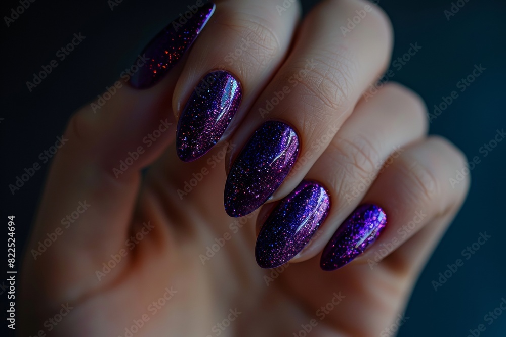 Hand Model With Nails Painted In A Dark Purple With Glitter Nail Polish Dark Background Nail Salon Hand Model With Nails Painted In A Dark Purple With Glitter Nail Polish Dark Background Nail Salon
