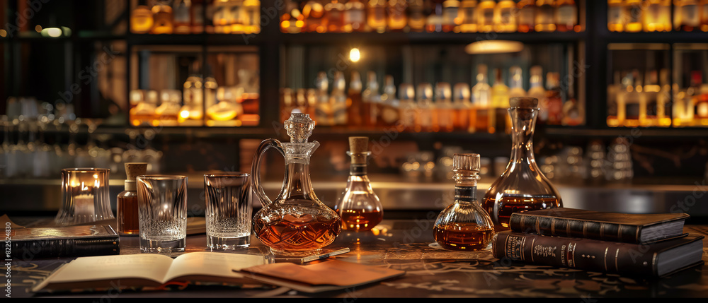 A sophisticated whiskey tasting setup with an array of whiskey glasses, decanters, and tasting notes, set on a dark wooden bar with leather-bound books and vintage decorWatercolor Illustrations