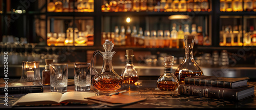A sophisticated whiskey tasting setup with an array of whiskey glasses  decanters  and tasting notes  set on a dark wooden bar with leather-bound books and vintage decorWatercolor Illustrations