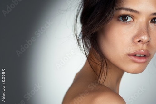 Wallpaper Mural Young brunette on a gray background. Feminine beauty. Torontodigital.ca