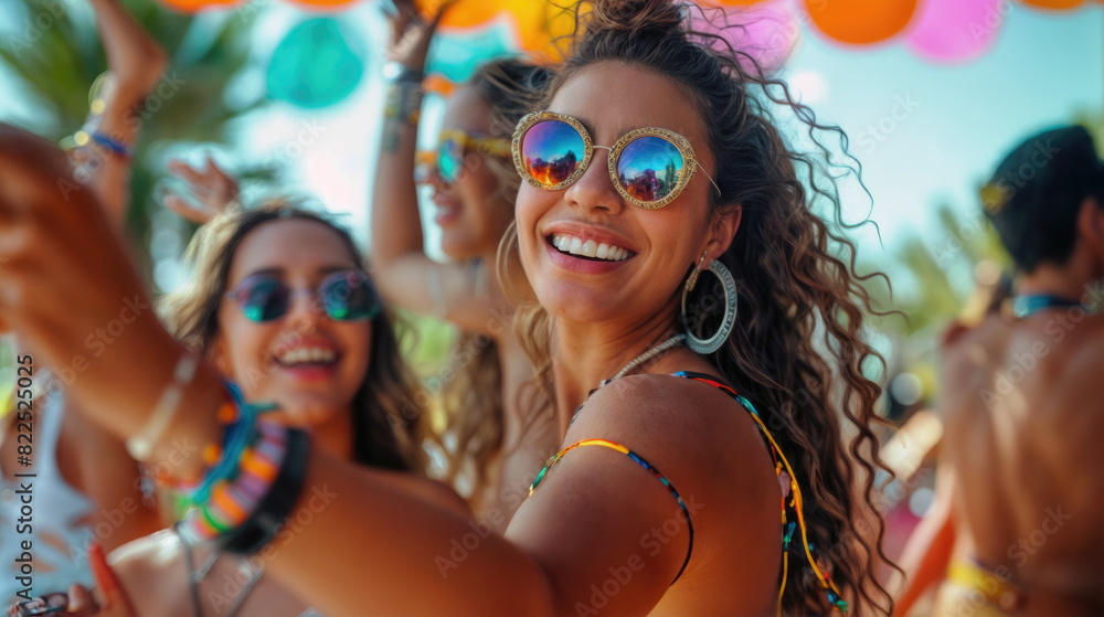 Beautiful young woman enjoying at a summer music Festival at sunset. Summer vacation and entertainment concept. Beautiful young woman enjoying at a summer music Festival at sunset. Summer vacation and entertainment concept.