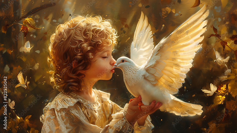 A blonde angel delicately cradles a white dove under sunny skies, basking in the warm glow of sunlight, radiating peace and serenity A blonde angel delicately cradles a white dove under sunny skies, basking in the warm glow of sunlight, radiating peace and serenity
