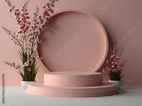 An empty pink podium with pink flowers isolated on pink background