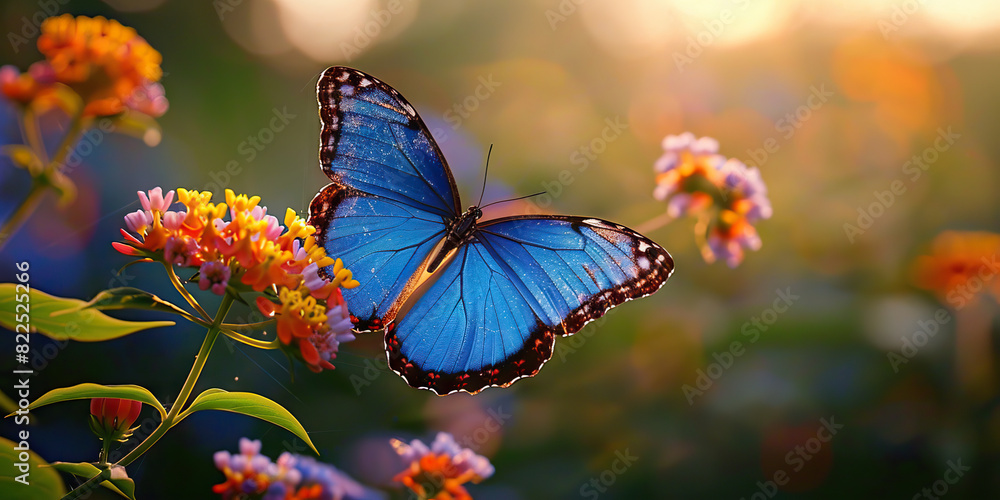 The striking blue butterfly flutters gracefully from flower to flower, its wings shimmering in the sunlight