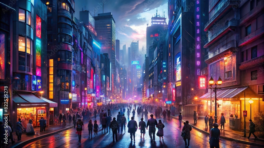 Busy Tokyo streets with neon lights and crowded sidewalks