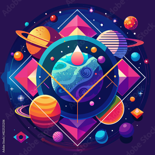 Abstract Geometric Universe: A Cosmic Symphony of Shapes and Neon Energy