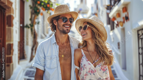 Fototapeta Naklejka Na Ścianę i Meble -  Happy young couple on luxury vacation walking in streets of Santorini in summer. Travel and summer vacation concept.