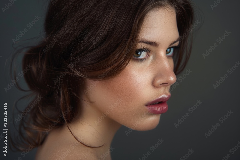 Young brunette on a gray background. Feminine beauty. Young brunette on a gray background. Feminine beauty.