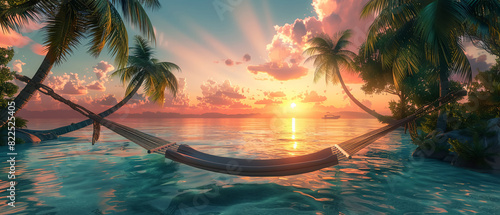 A tropical island paradise with crystal-clear water, palm trees, and a hammock strung between two trees, sunset lighting, photorealistic3D vector illustrations #822525405