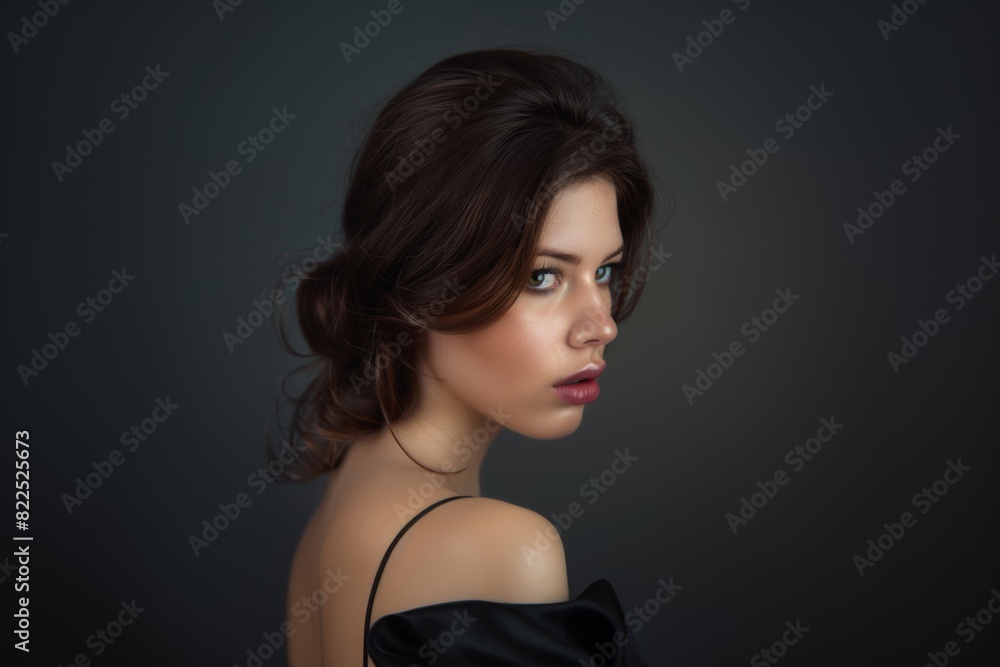 Fototapeta premium Young brunette on a gray background. Feminine beauty.