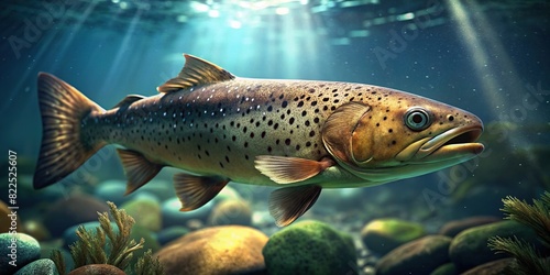 Close up of a brown trout swimming in an aquarium © guntapong