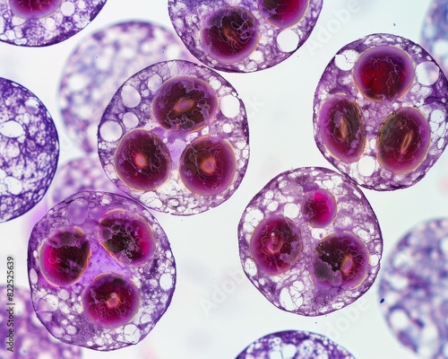 Close-up image of a group of biological cells. AI. photo