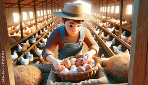 3D-Style Farmer Collecting Fresh Eggs from Henhouse, Surrounded by Clucking Hens and Straw Bales on a Sunny Day photo