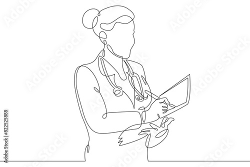 One continuous line.Medical doctor with stethoscope. Doctor writes. Medicine and healthcare. Doctor visit.One continuous drawing line logo isolated minimal illustration.