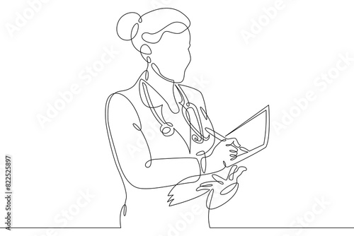 One continuous line.Medical doctor with stethoscope. Doctor writes. Medicine and healthcare. Doctor visit.One continuous drawing line logo isolated minimal illustration.