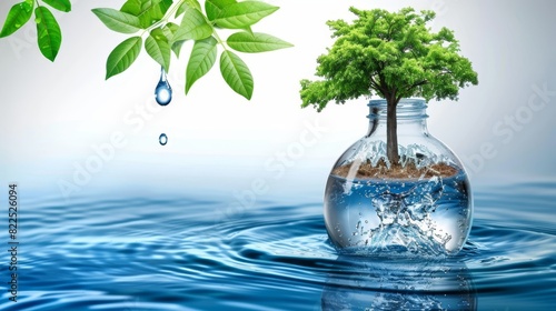  A glass bottle holds water, containing a tree submerged within Atop the bottle, a solitary droplet forms and falls photo