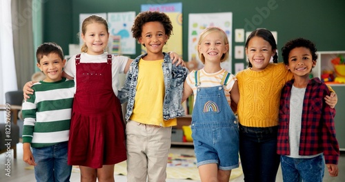 Children, diversity and kindergarten standing in class, bonding and education support with friends or students. Childhood, development and growth with community, innocent and learning environment photo