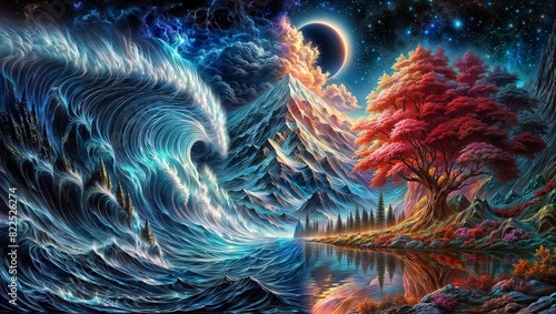 A whimsical fantasy landscape with swirling waves, majestic mountains, and a crescent moon, reflecting the serene beauty of a dreamy night.