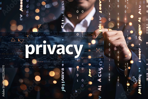 Privacy policy concept. Businessman with protective gesture and text privacy in hands. Wide banner composition with bokeh in background, with writing “ privacy “ photo