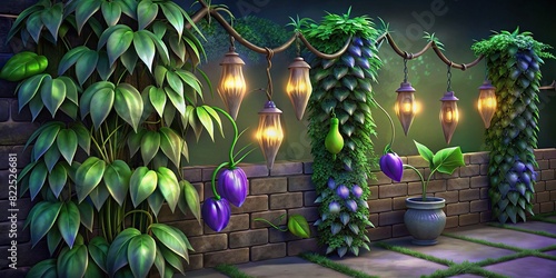 Set of Mucuna Pruriens plant, Ivy and vine for wall and fence decoration photo