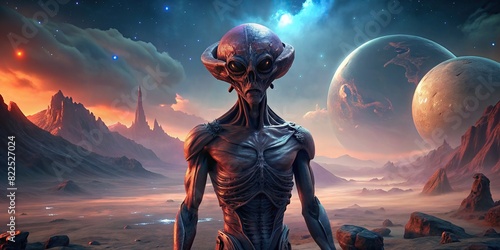 A close-up of an alien standing alone in a surreal landscape