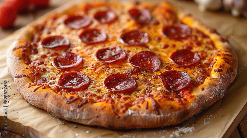 A classic pepperoni pizza with bubbling cheese and crispy crust, on a solid yellow background. A classic pepperoni pizza with bubbling cheese and crispy crust, on a solid yellow background.