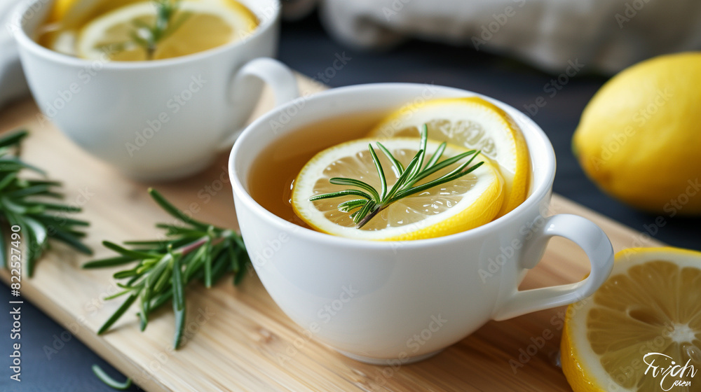 Rosemary Lemon Tea: A refreshing rosemary lemon tea with sprigs of fresh rosemary and lemon slices, served in a sleek white teacup. Rosemary Lemon Tea: A refreshing rosemary lemon tea with sprigs of fresh rosemary and lemon slices, served in a sleek white teacup.