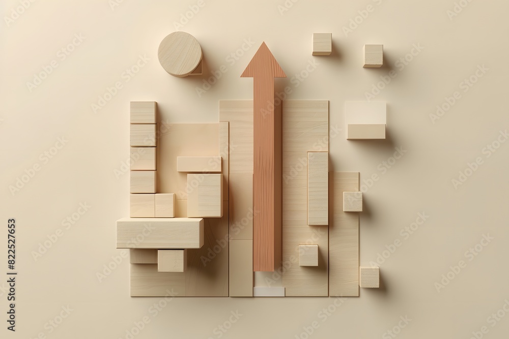 3D Render of Simple Graph with Up Arrow and Wooden Blocks 3D Render of Simple Graph with Up Arrow and Wooden Blocks