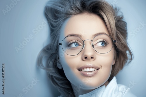 Beautiful blonde woman wears stylish glasses. Women's beauty and fashion. Vision correction.