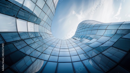Low angle view of futuristic architecture  Skyscraper of office building with curve glass window