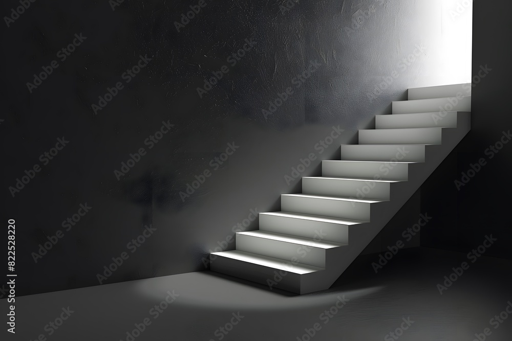 White Glowing Staircase in Dark Room - 3D Render White Glowing Staircase in Dark Room - 3D Render