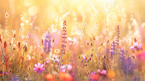 vibrant meadow of wildflowers basks in the golden sunlight