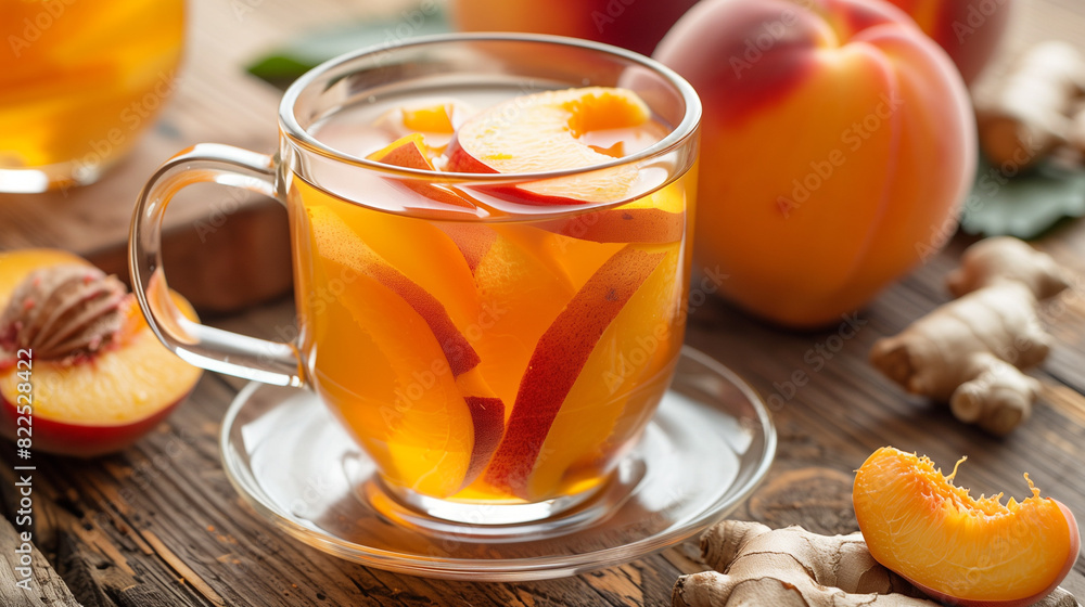 Peach Ginger Tea: A zesty peach ginger tea with slices of fresh peach and ginger, served in a clear glass mug. Peach Ginger Tea: A zesty peach ginger tea with slices of fresh peach and ginger, served in a clear glass mug.