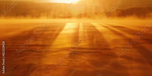 The warm golden sun casts long shadows across the dusty brown desert, waiting for the cool embrace of twilight photo