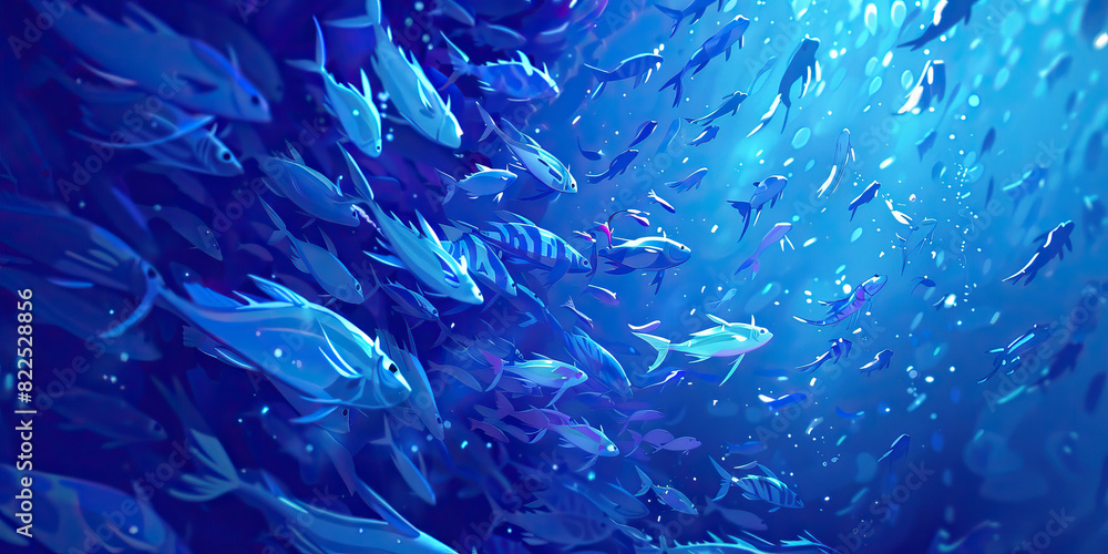 The deep indigo ocean teems with life, a school of iridescent fish darting through its depths. The deep indigo ocean teems with life, a school of iridescent fish darting through its depths.