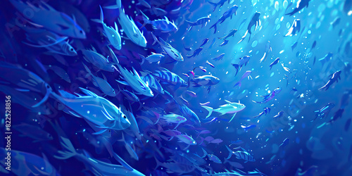 The deep indigo ocean teems with life, a school of iridescent fish darting through its depths.