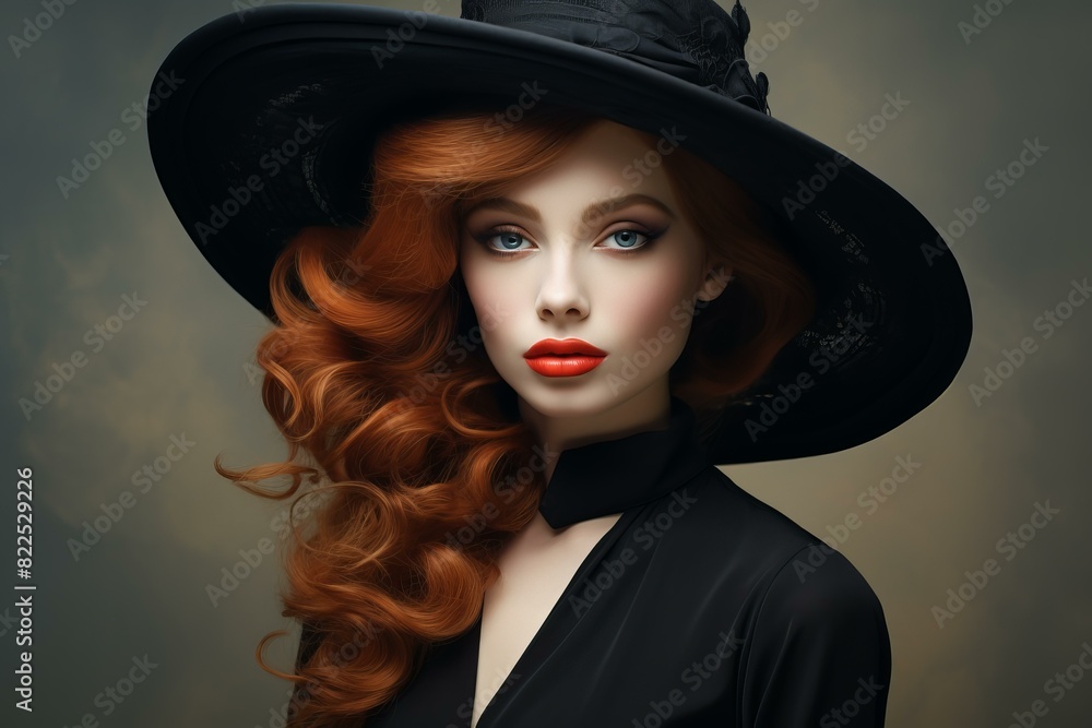 Portrait of a stunning woman with vibrant red hair wearing a chic black hat and refined makeup Portrait of a stunning woman with vibrant red hair wearing a chic black hat and refined makeup