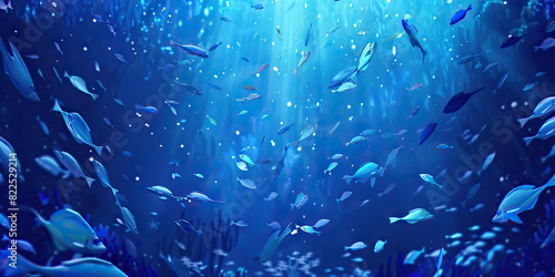 The deep indigo ocean teems with life, a school of iridescent fish darting through its depths.