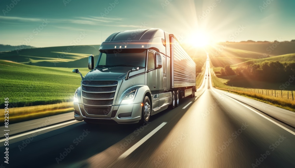 Side view of truck with cargo on highway. Side view of truck with cargo on highway.
