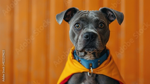  A dog wearing a superhero cape, striking a heroic pose, on a bright orange background.