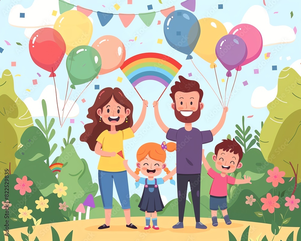 Happy family enjoying a day in the park with balloons, smiling faces, and a vibrant background with colorful decorations.