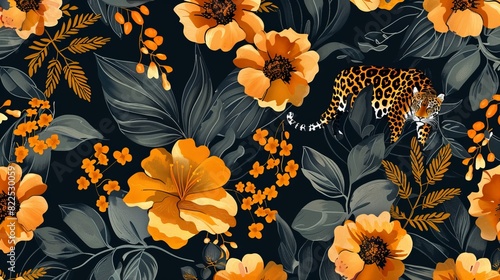 Textile pattern seamlessly integrating wild African animal skins with brown flowers  including tiger and jaguar.