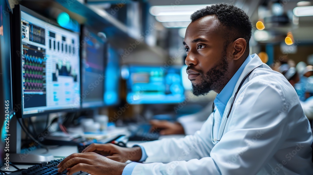 A focused medical professional in a lab coat working on a computer with high-tech equipment and screens in a modern laboratory setting. A focused medical professional in a lab coat working on a computer with high-tech equipment and screens in a modern laboratory setting.