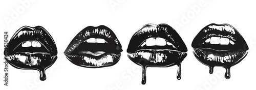 Chrome lip set, modern y2k melt drip, retro bitmap collage printed collection.  Futuristic grain dot photocopy effect, glossy metal object, contemporary pop art. Halftone lips