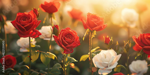 The vibrant red rose stems support delicate white blooms  reaching towards the warm sunlight.