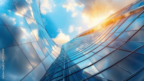 Low angle view of futuristic architecture, Skyscraper of office building with curve glass window