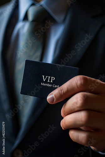 VIP member card holded by an elegant man in suit, with writing “ VIP Member Card “
