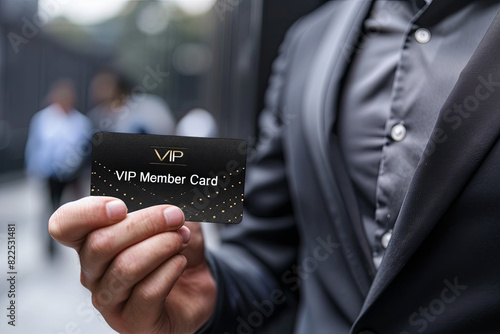 VIP member card holded by an elegant man in suit, with writing “ VIP Member Card “

