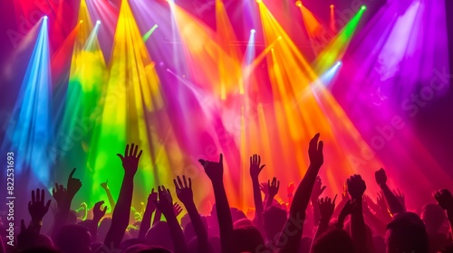 Pride concert crowd, hands in the air, vibrant stage lighting --ar 16:9 Job ID: 8b7833ac-e7c1-4e4d-a189-002a334b40f7