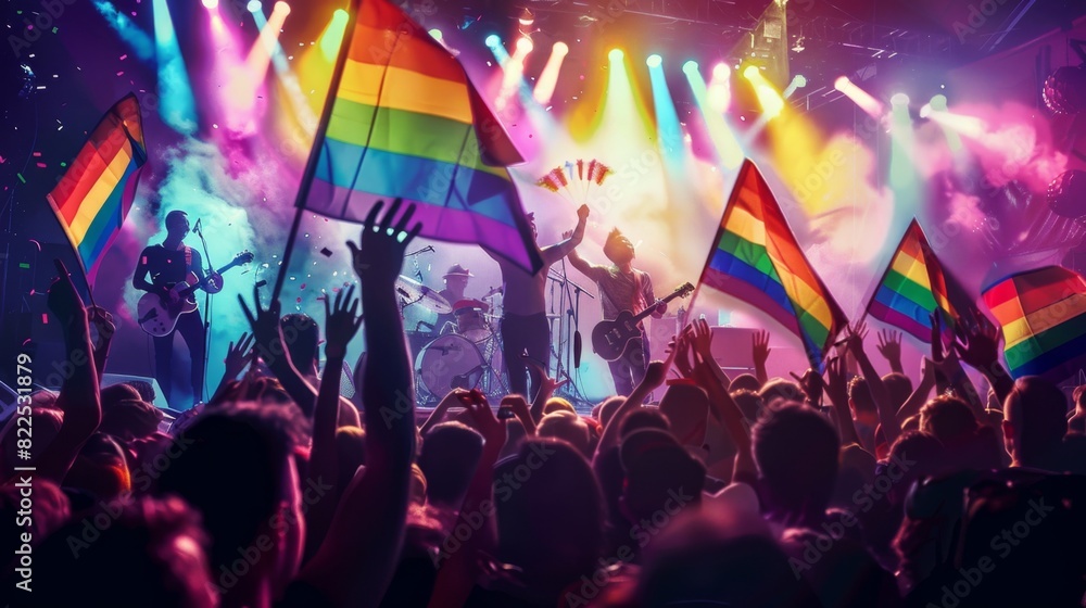 Pride concert with a lively band, crowd engaged and waving flags --ar 16:9 Job ID: c34edfdd-b4ea-41f7-b9f2-4b8e4a1f102f